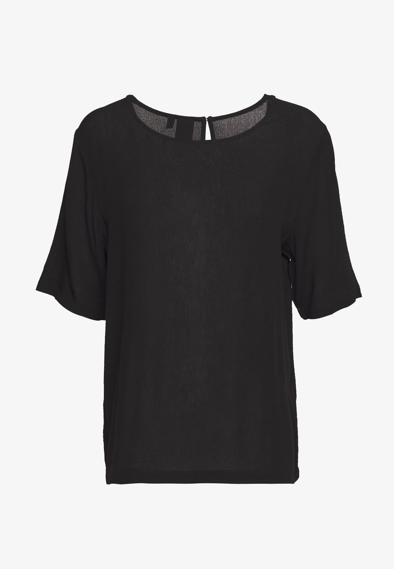 Blouse noire à manches courtes avec encolure ronde et petite fermeture bouton en forme de trou de serrure dans le dos, en tissu léger.