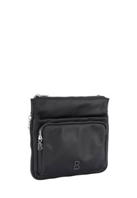 Borsa nera in nylon con due compartimenti con zip, texture liscia e logo sollevato "B" sul davanti. Forma rettangolare compatta.