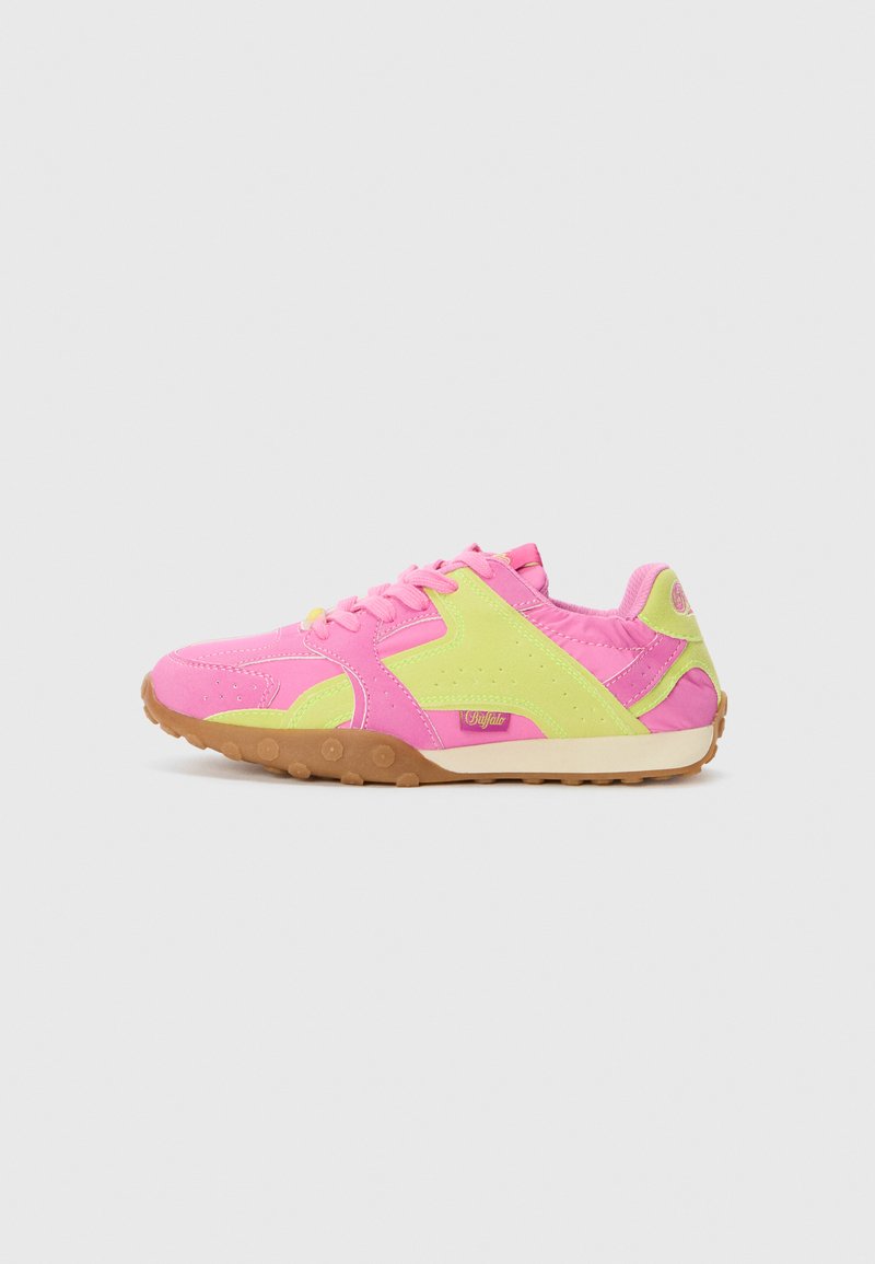 Pink and lime green athletic shoe with a textured upper, rounded toe, rubber sole, and perforated details on the sides.