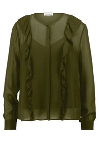 Blusa leggera verde oliva con fronte arricciato, maniche lunghe e scollatura rotonda. Presenta bottoni di chiusura lungo il davanti.