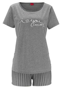 Gray cotton pajama set featuring a short-sleeve top with "I love you" print and striped shorts, designed with a relaxed fit.