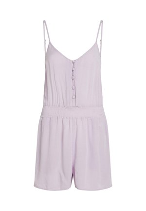 Lila mouwloze romper met een v-hals, knopen aan de voorkant, een elastische tailleband en korte pijpen. Zachte, lichtgewicht stof met een gladde textuur.