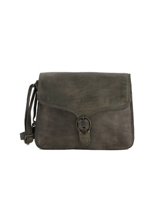 Gray leather crossbody bag with a flap closure, featuring a distinctive round hardware accent and stitched edges. Smooth texture, rectangular shape.