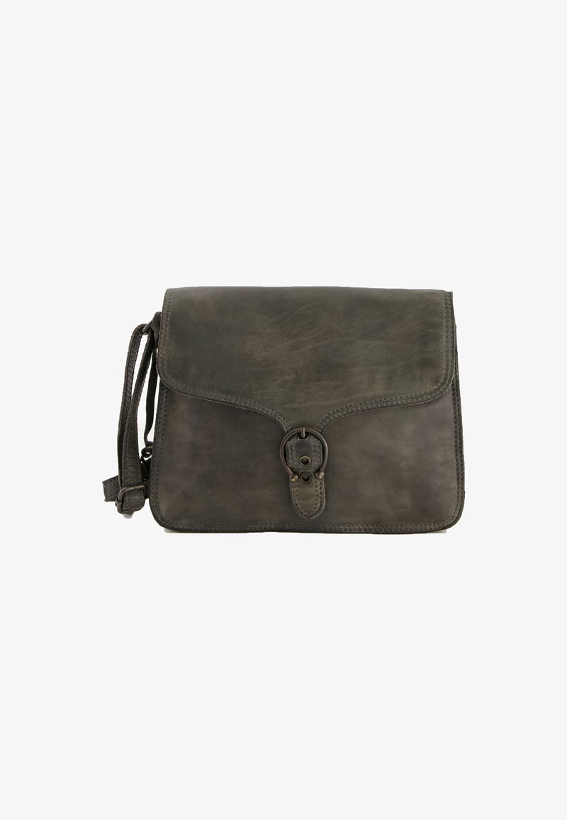 Gray leather crossbody bag with a flap closure, featuring a distinctive round hardware accent and stitched edges. Smooth texture, rectangular shape.