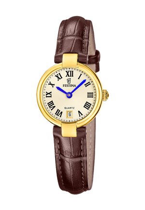 Round gold wristwatch with cream dial, black Roman numerals, blue hands, date window, and dark brown leather strap.