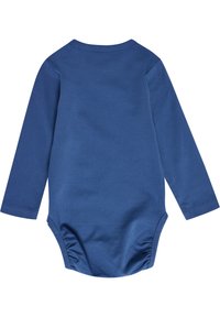 Langarm baby body in effen donkerblauwe katoenen stof. Voorzien van een ronde halslijn en geplooide details aan de onderkant voor eenvoudige dressing.