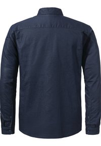 Marineblaues Langarm-Hemd mit Knöpfen und strukturiertem Kragen, glatter Textur und geknöpften Manschetten. Verfügt über einen abgerundeten Saum und einen Rückensteg.