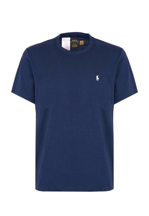 T-shirt in cotone blu navy con collo rotondo, maniche corte e un piccolo logo bianco sul lato sinistro del petto. Tessuto liscio, design classico.