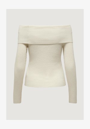 Off-the-shoulder cream sweater with long, ribbed sleeves and a fitted design, featuring a smooth texture and a slight stretch.