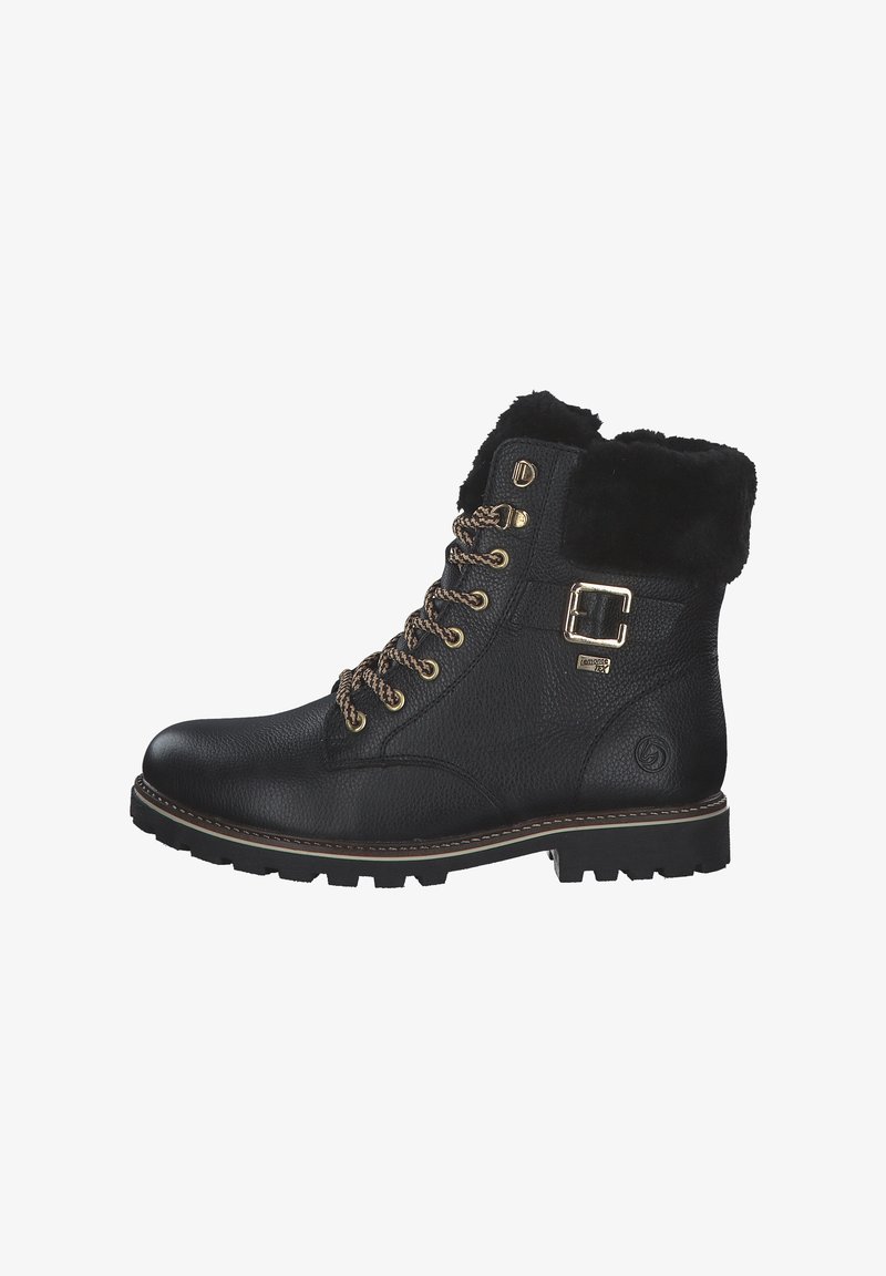 Czarny skórzany botek za kostkę z kołnierzem z futra syntetycznego, złotymi elementami metalowymi i brązowym sznurkiem. Podeszwa z bieżnikiem dla lepszego trzymania; fakturowane wykończenie górnej części.