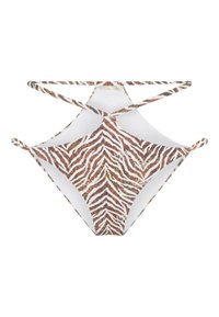 Parte inferior de bikini con diseño de cruce en la espalda, hecha de tela suave, con un patrón de rayas de tigre en marrón y blanco. Tiras delgadas y forma recortada.