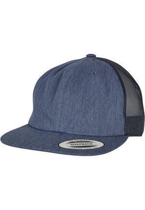 Blå snapback-hat med et tekstureret, stribet stof foran og mesh-bagpanel, med en buet skygge og et rundt logo-patch på skyggen.
