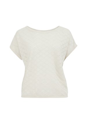 Light cream short-sleeve top made of textured knit fabric with a diamond pattern. Features a wide neckline and relaxed fit.