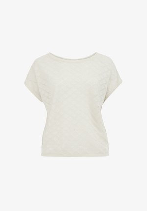 Helles Cremefarbenes Kurzarm-Oberteil aus strukturiertem Strickstoff mit einem Rautenmuster. Verfügt über einen weiten Ausschnitt und eine lockere Passform.