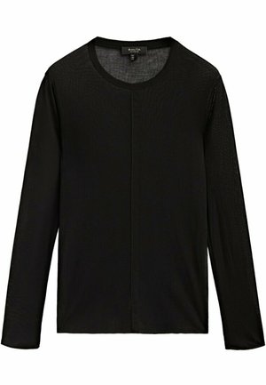 Maglia leggera nera a maniche lunghe con scollo rotondo e sottile dettaglio centrale cucito.