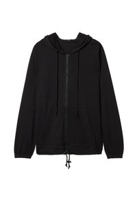 Haut à capuche noir zippé avec un cordon de serrage, deux poches avant, des poignets côtelés et un ourlet droit. Fabriqué en tissu doux et texturé.