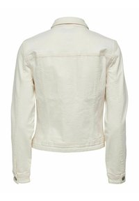 Cream denim jacket with a classic collar, buttoned cuffs, and a fitted design. Features a clean finish and minimal detailing on the back.