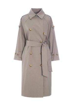 Light gray trench coat in lightweight material, featuring a belted waist, double-breasted gold buttons, and wide, relaxed sleeves.