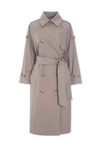 Trench coat beige hecho de una mezcla de algodón, con cinturón, diseño de doble botonadura, botones dorados y mangas amplias.