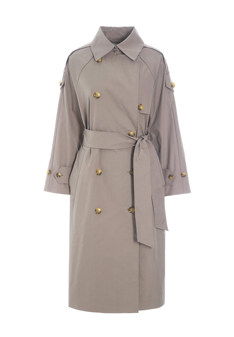 Trench coat beige hecho de una mezcla de algodón, con cinturón, diseño de doble botonadura, botones dorados y mangas amplias.