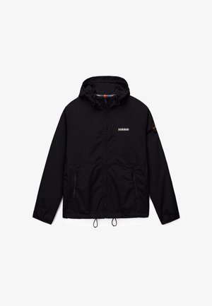 Black hooded lightweight jacket with front zipper, two zippered pockets, and logo patches on chest and left sleeve.