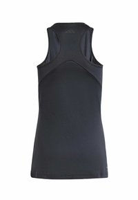 Svart atletisk linne med racerback-design, tillverkat av ett slätt, elastiskt material. Har subtil logotypdetalj på övre ryggen.