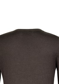 Bagudse af en mørkebrun strikket sweater med en simpel rund halsudskæring på en hvid baggrund.