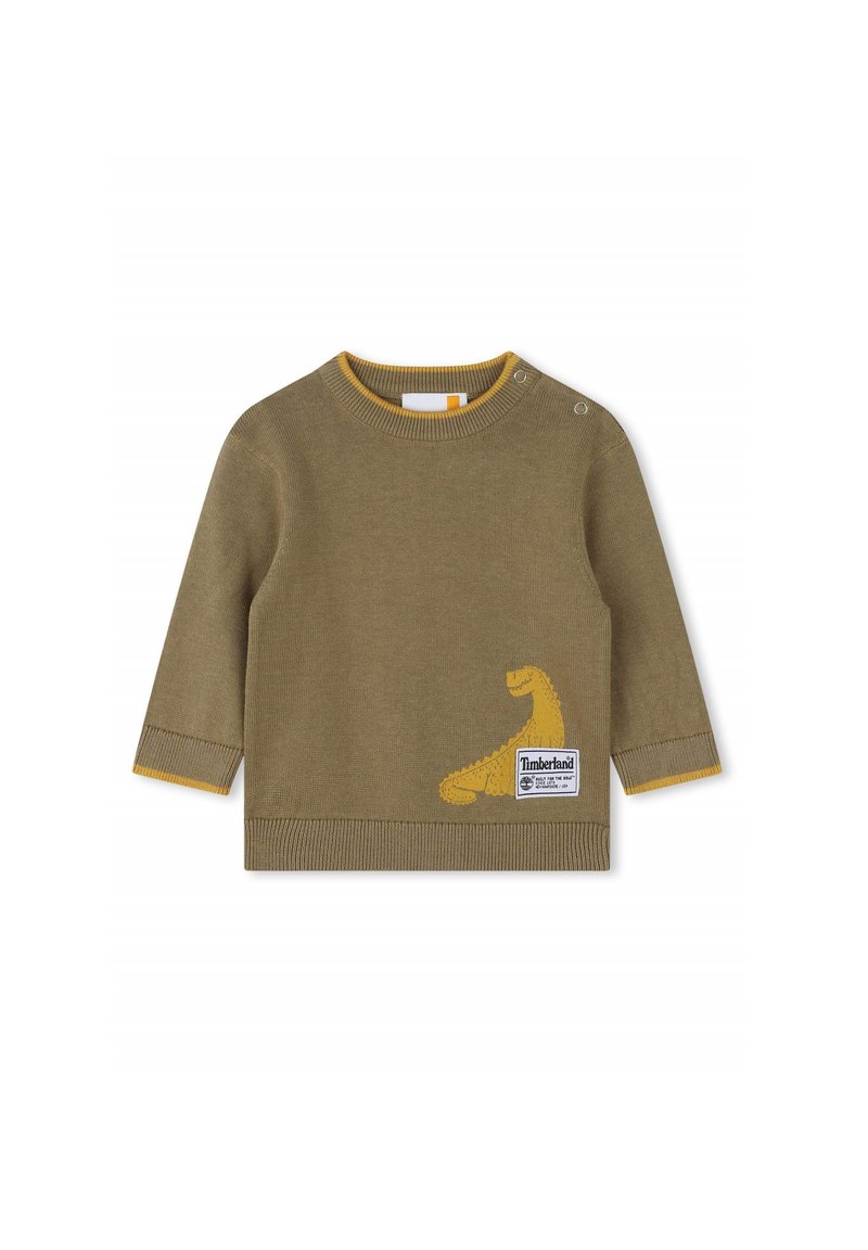 Pull en maille verte à manches longues, col rond et accents jaunes. Présente un motif de dinosaure et un patch logo Timberland.