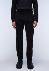 Black cargo pants with a straight cut, two side pockets, button closure, and a smooth texture, paired with black slip-on shoes.