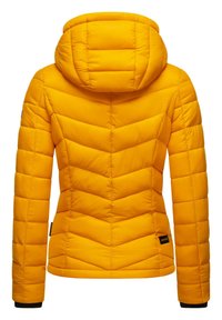 Yellow puffer jacket with a hood, featuring a chevron quilted pattern, long sleeves, and black trim on the cuffs. Adjustable hood included.