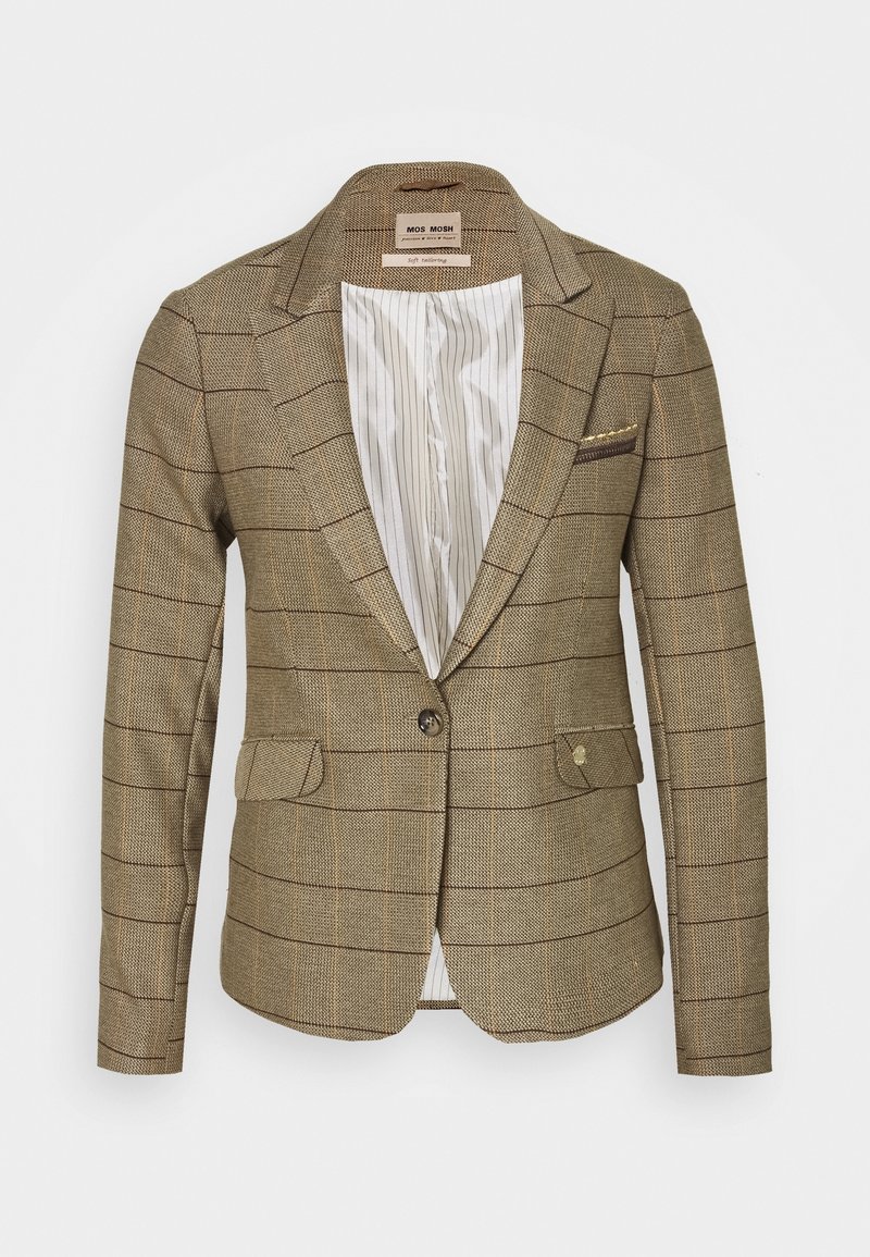 Blazer beige cintré avec fines rayures horizontales et verticales foncées, fermeture à un bouton, deux poches avant à rabat et doublure rayée.