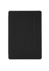 Schwarze dreifach gefaltete Tablet-Hülle mit einer glatten, matten Oberfläche, gestaltet zum Schutz und zur Unterstützung eines rechteckigen Geräts.