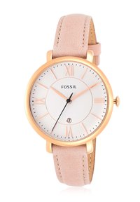 Reloj Fossil de forma redonda con caja de metal en tono dorado rosa, esfera texturizada blanca, correa de cuero rosa y marcadores de hora en dorado rosa.