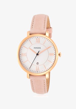 Orologio Fossil rotondo con cassa in metallo color oro rosa, quadrante bianco con texture, cinturino in pelle rosa e indici delle ore in oro rosa.