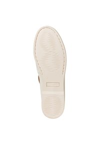 Suola di scarpa bianca con superficie testurizzata, accenti marrone chiaro e marchio del brand. Presenta una forma arrotondata e dettagli cuciti lungo i bordi.