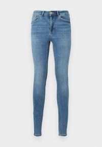 Modré džíny skinny z denimu s zipovým zapínáním a knoflíkovým uzávěrem, pěti kapsami a jemným vyblednutím na stehnech a kolenou.