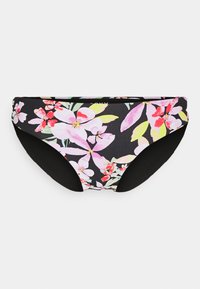 Cvetni bikini spodnji del z črno podlago in rožnatimi ter zelenimi vzorci. Izdelan iz gladkega, raztegljivega materiala z črnimi detajli.