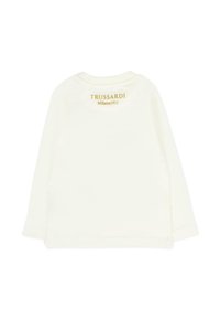 T-shirt a maniche lunghe di colore crema realizzata in tessuto morbido, con scollo rotondo e logo dorato "TRUSSARDI Milano1911" sulla schiena.