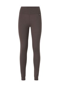 Bruine, stretchy leggings met een hoge tailleband en een klein logo-label. Smooth textuur, slim fit, die tot aan de enkels reikt zonder patronen.