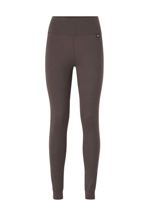 Bruine, stretchy leggings met een hoge tailleband en een klein logo-label. Smooth textuur, slim fit, die tot aan de enkels reikt zonder patronen.