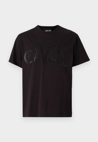 Musta puuvillainen T-paita, jossa on rohkeaa, tekstuurista kirjontaa "Just Cavalli" epäsäännöllisessä muotoilussa edessä. Lyhyet hihat, pyöreä kaula-aukko.