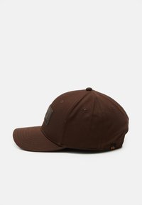 Căciulă de baseball maro cu șase panouri, cu găuri de ventilație cusute, o brăță curbată și un mic eticheta de logo din material pe lateral.