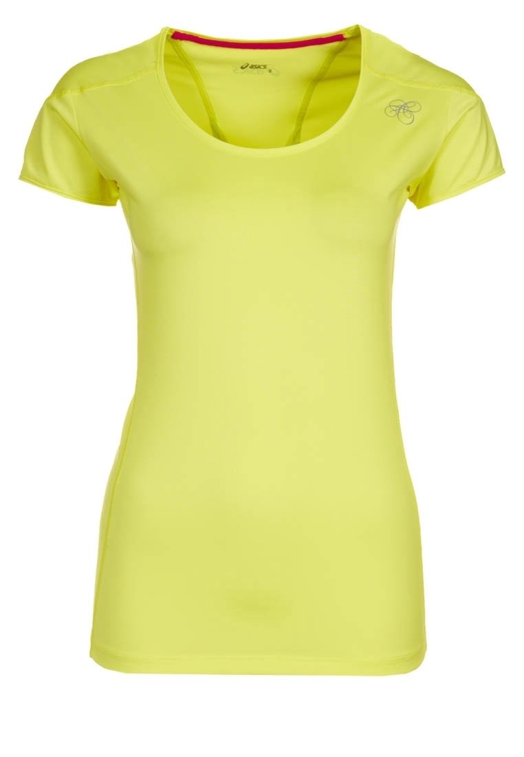 Camiseta deportiva de manga corta en amarillo brillante, con cuello redondo y un logo sutil en la parte superior izquierda. Fabricada con una tela ligera y suave.