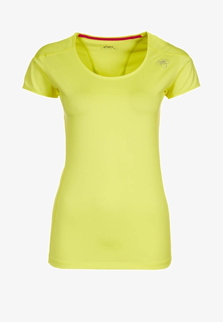 Camiseta deportiva de manga corta en amarillo brillante, con cuello redondo y un logo sutil en la parte superior izquierda. Fabricada con una tela ligera y suave.