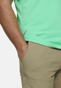 Mintgroene polo met een gestructureerde stof, gecombineerd met beige shorts met zijzakken. Kleine rode, witte en blauwe streepaccent op het shirt.