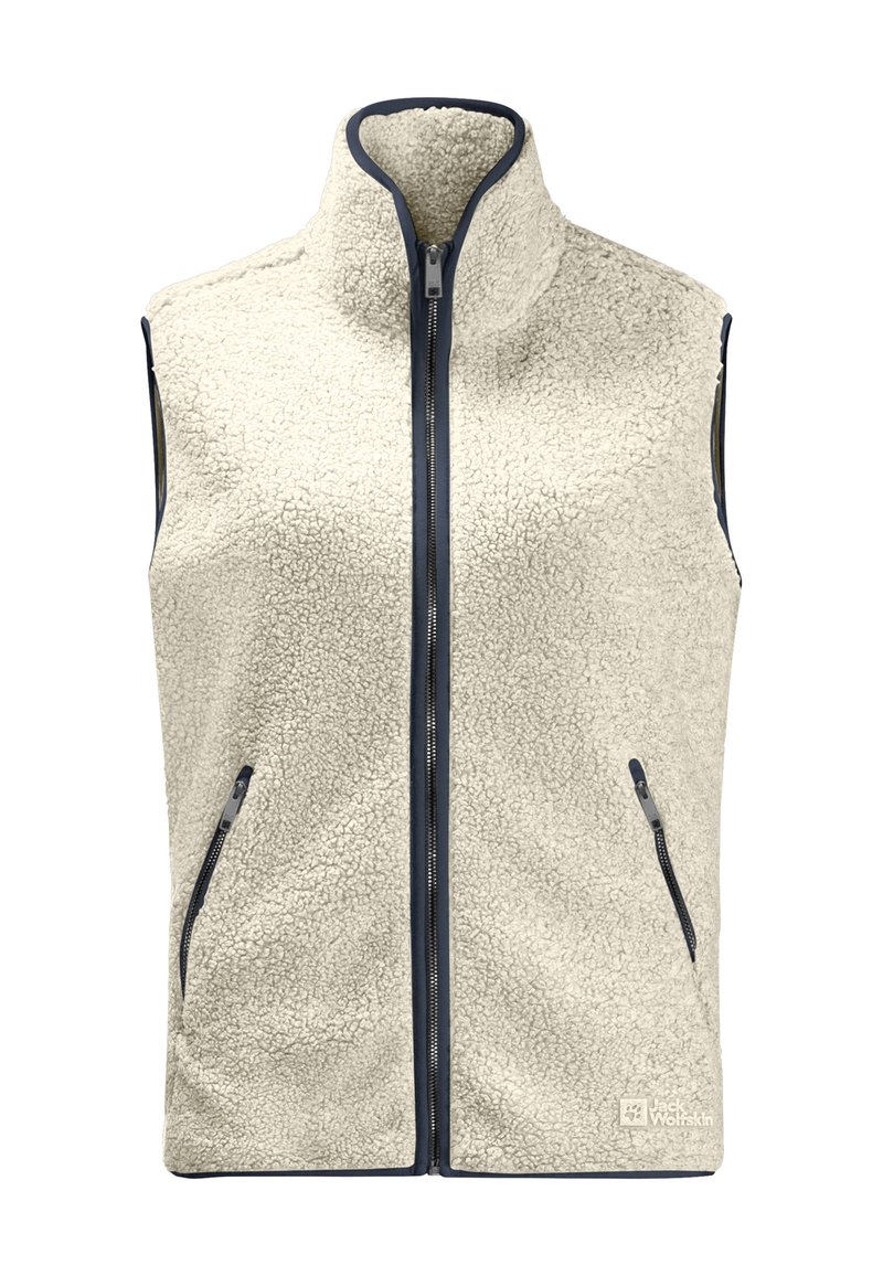 Lichtbeige fleece vest met hoge kraag, ritssluiting, marineblauwe accenten en twee zijzakken. Getextureerde stof en logo links onderaan.