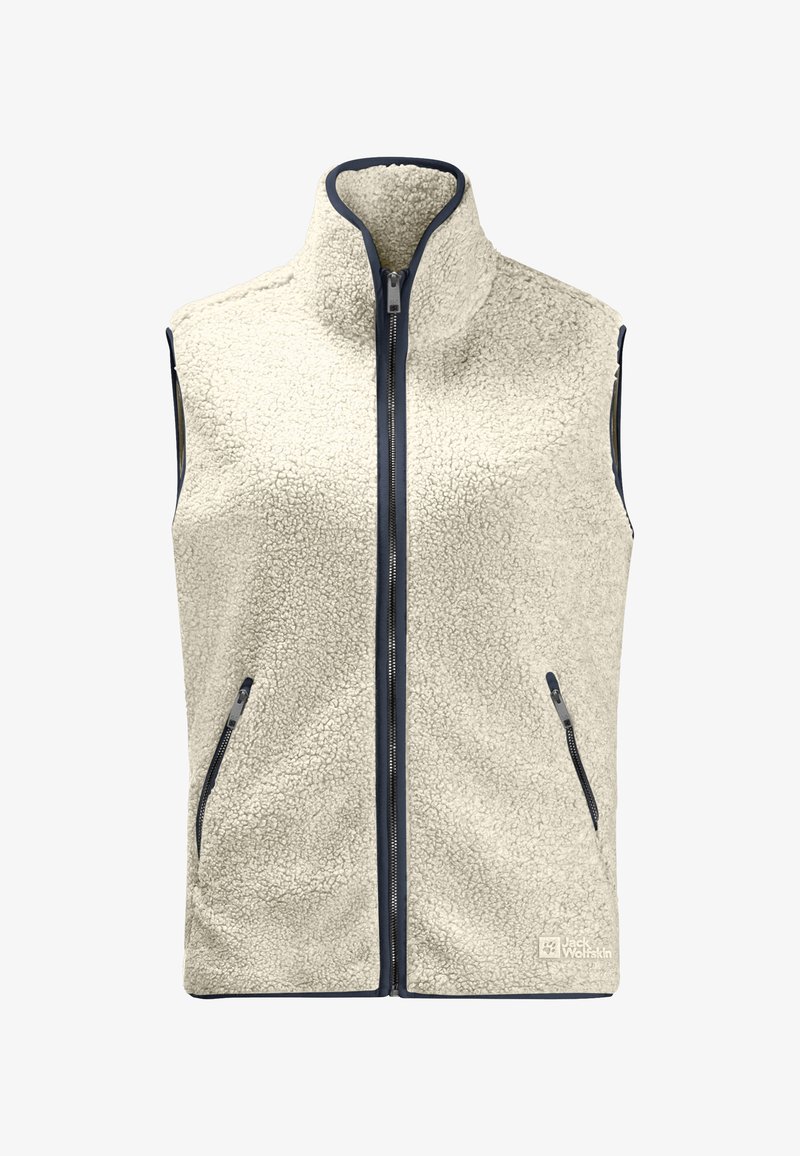 Lichtbeige fleece vest met hoge kraag, ritssluiting, marineblauwe accenten en twee zijzakken. Getextureerde stof en logo links onderaan.