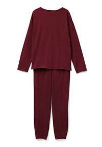 Conjunto de top de manga larga y pantalones a juego en burdeos; tejido suave y liso; corte relajado; puños acanalados en los pantalones; escote redondo en el top.