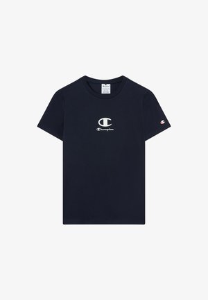 Marineblauwe katoenen T-shirt met korte mouwen, met een wit Champion-logo op de borst en een klein logo-patch op de mouw.