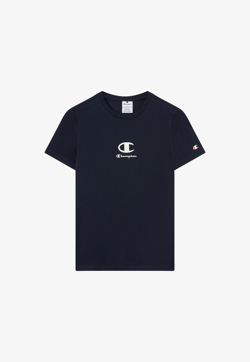 Marineblauwe katoenen T-shirt met korte mouwen, met een wit Champion-logo op de borst en een klein logo-patch op de mouw.